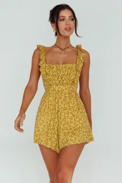 INDIKAH Lazy Sunday Frill Strap Tie-Up Back Romper Floral Print Mustard