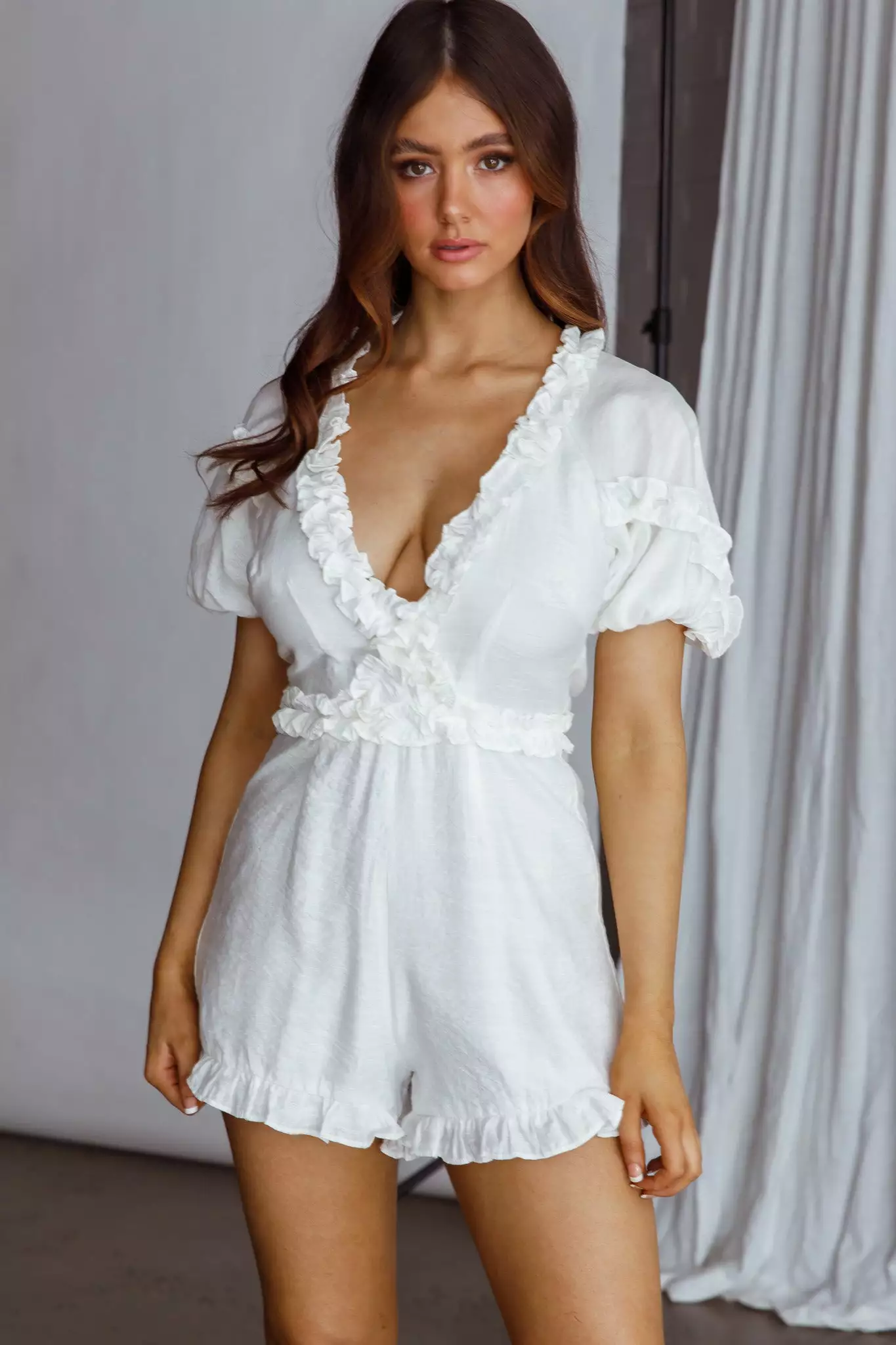Galatia Frill Trim Puff Sleeve Romper White - Image 5