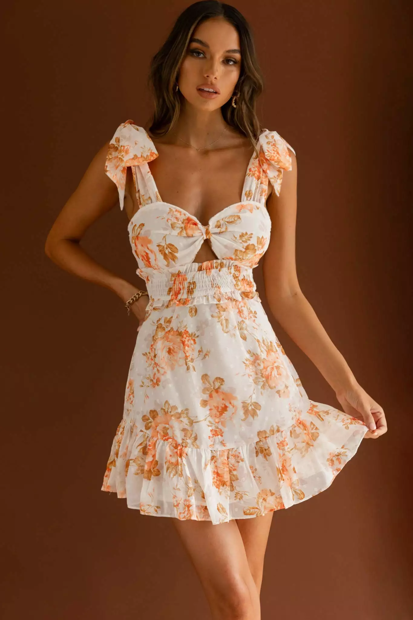 Selfie Leslie Break Of Dawn Bow Shoulder Shirred Waist Dress Floral White