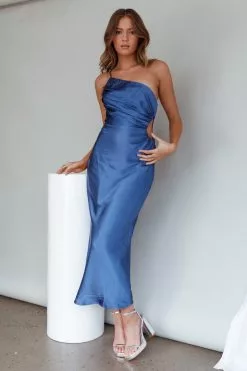 Saints + Secrets Taking Bets One Shoulder Satin Midi Dress Navy