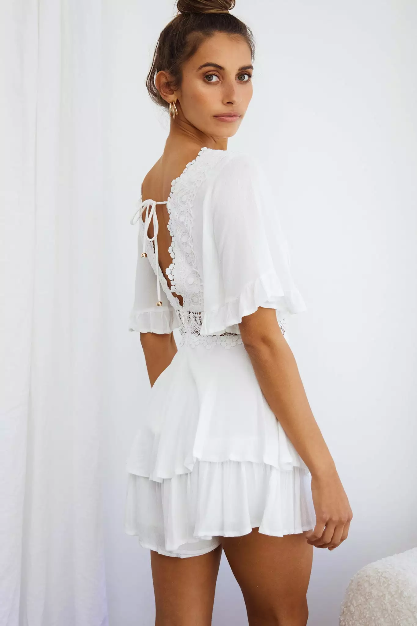 Lillian Crochet Lace Trim Flounce Hem Romper White - Image 6