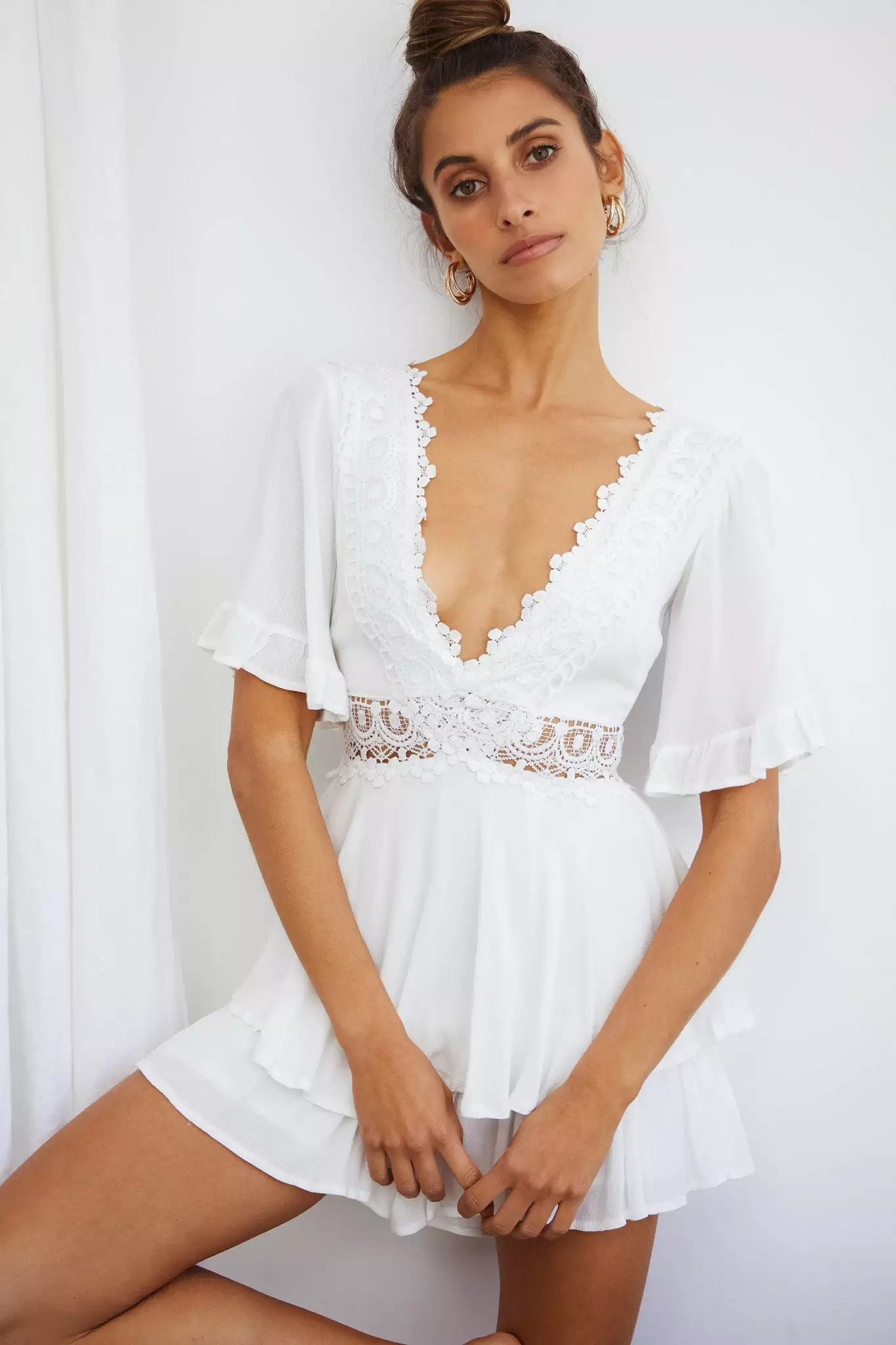 Lillian Crochet Lace Trim Flounce Hem Romper White - Image 7