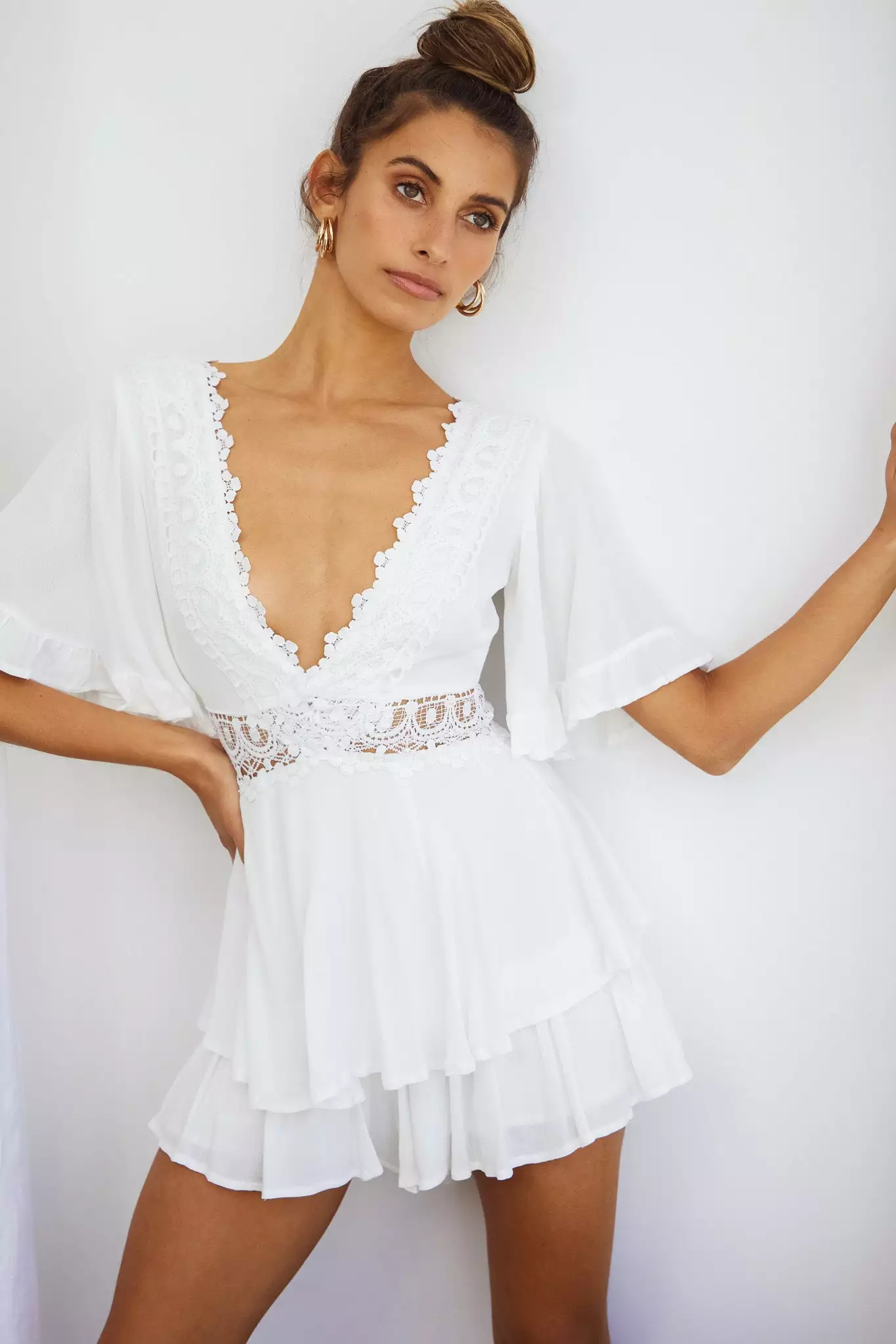Lillian Crochet Lace Trim Flounce Hem Romper White - Image 8