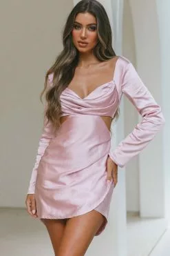 Selfie Leslie Shaken Not Stirred Cut-Out Waist Long Sleeve Pleat Mini Dress Blush