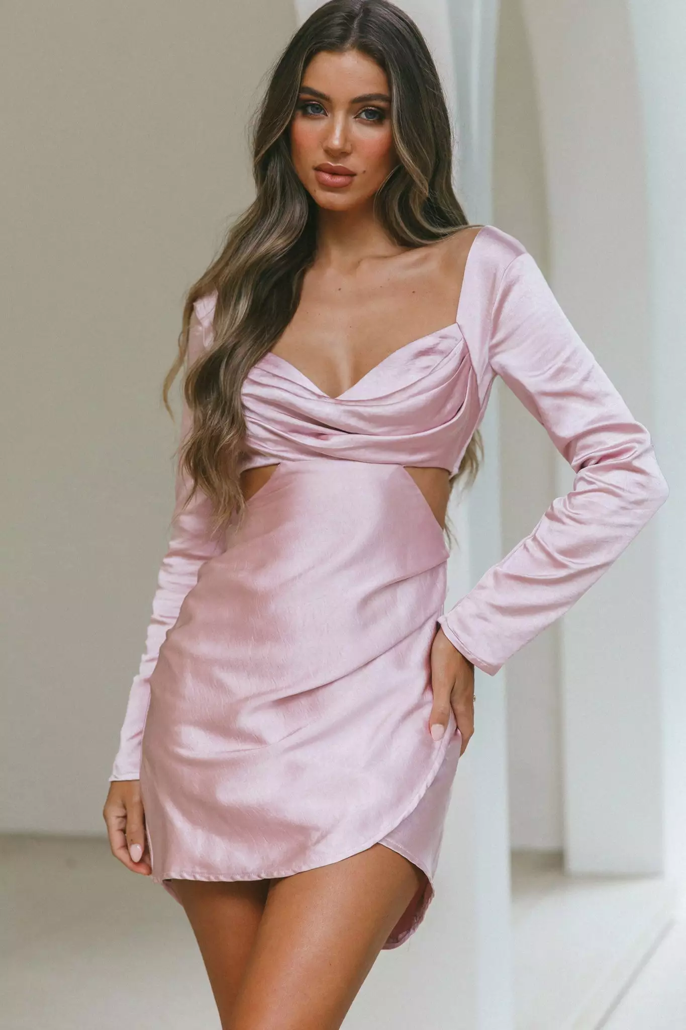 Selfie Leslie Shaken Not Stirred Cut-Out Waist Long Sleeve Pleat Mini Dress Blush