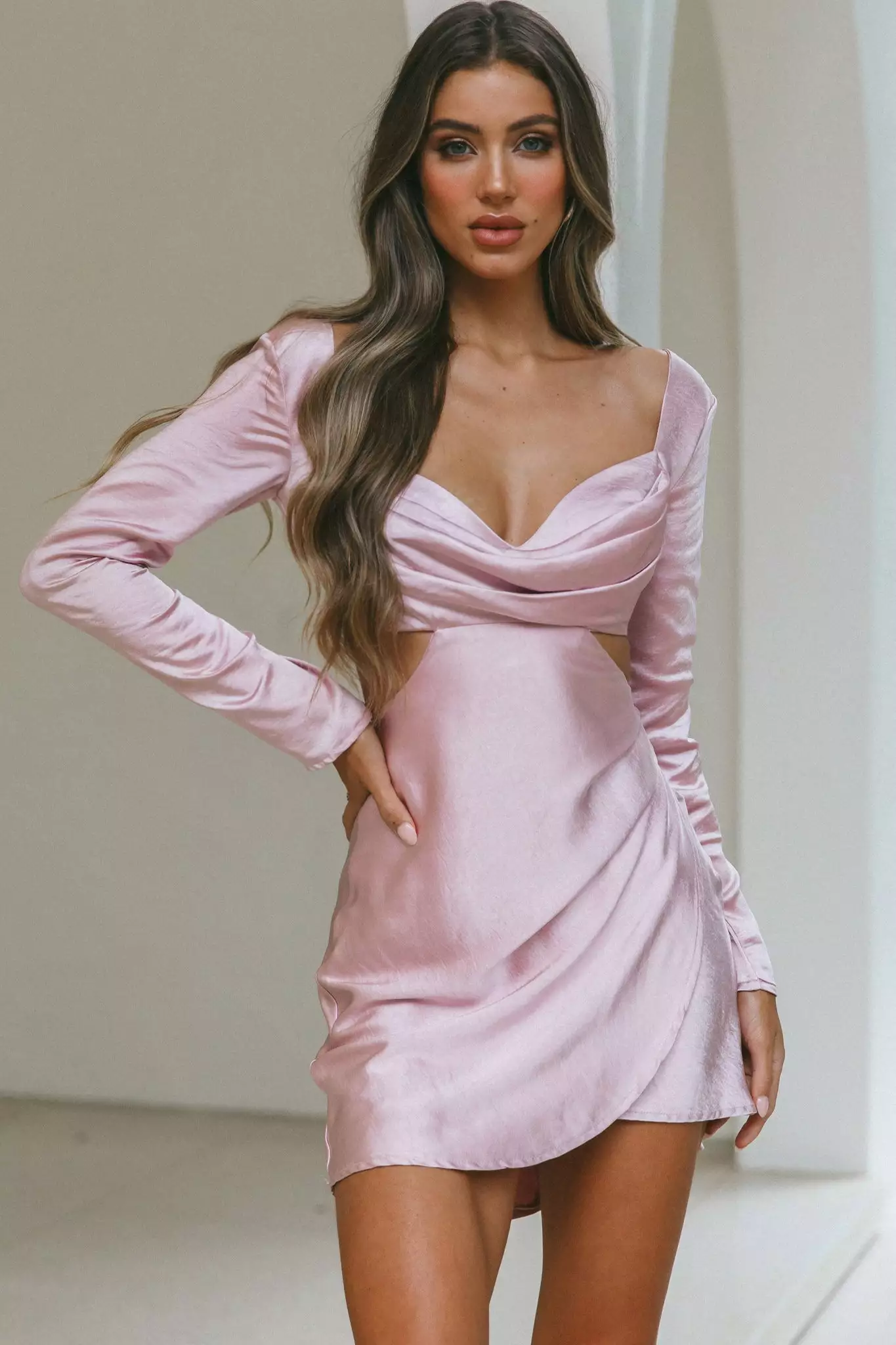 Selfie Leslie Shaken Not Stirred Cut-Out Waist Long Sleeve Pleat Mini Dress Blush - Image 7