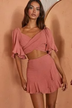 Selfie Leslie Hand In Mine Crossover Bodice Bell Sleeve Crop Top Rose