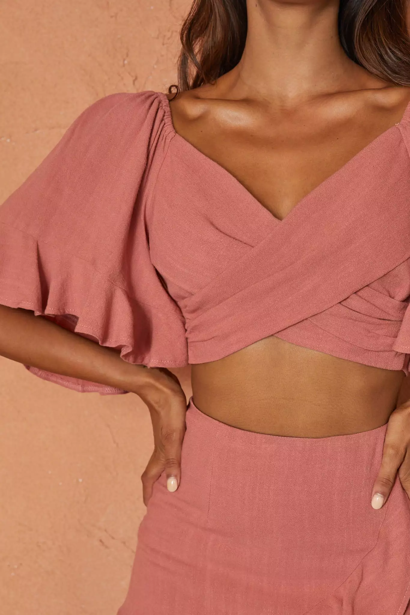 Selfie Leslie Hand In Mine Crossover Bodice Bell Sleeve Crop Top Rose - Image 4