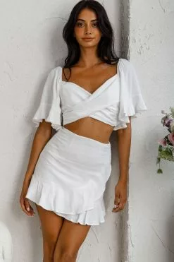 Selfie Leslie Hand In Mine Crossover Bodice Bell Sleeve Crop Top White