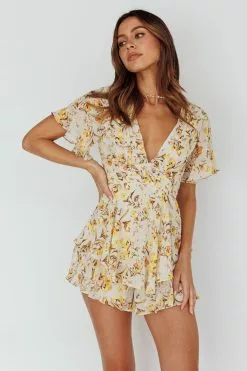 Saints + Secrets Golden Light Pintuck Pleat Romper Floral Beige