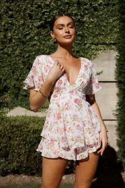 Selfie Leslie Golden Light Pintuck Pleat Romper Floral White