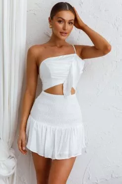 Selfie Leslie Bridie One Shoulder Shirred Mini Dress White
