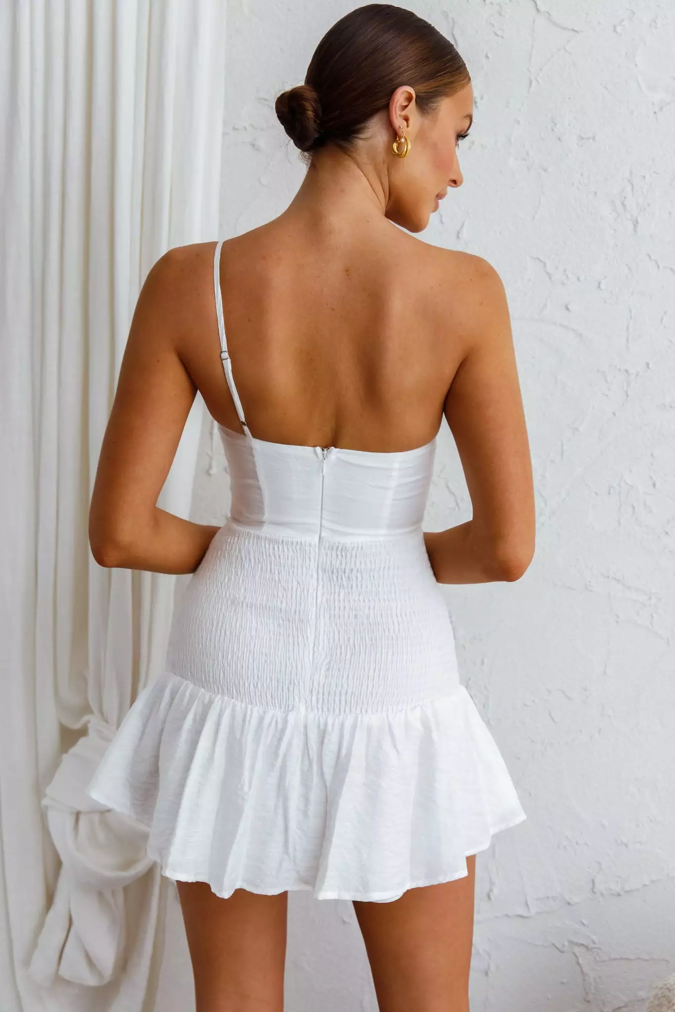 Selfie Leslie Bridie One Shoulder Shirred Mini Dress White - Image 2