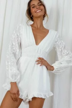 Novella Long Embellished Sleeve Frill Trim Romper White