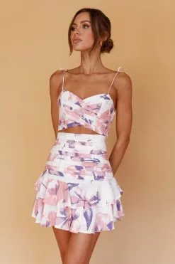 Selfie Leslie Janene Tied Shoulder Crop Top White/Pink