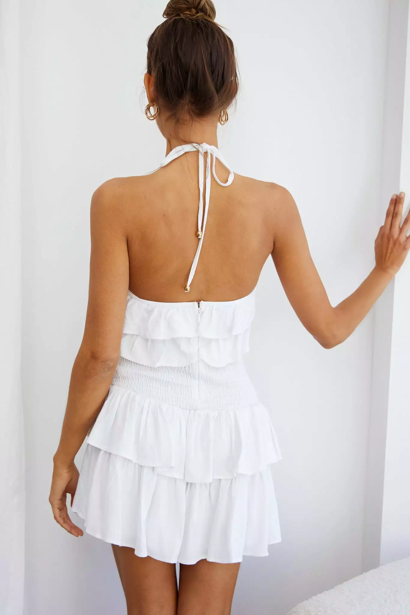 Kristy Halterneck Shirred Bodice Ruffle Mini Dress White - Image 2