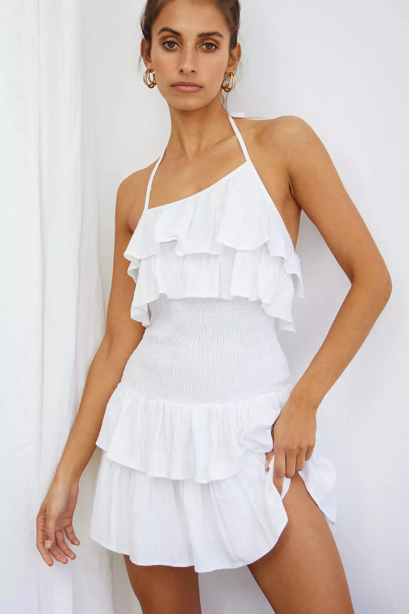 Kristy Halterneck Shirred Bodice Ruffle Mini Dress White - Image 4
