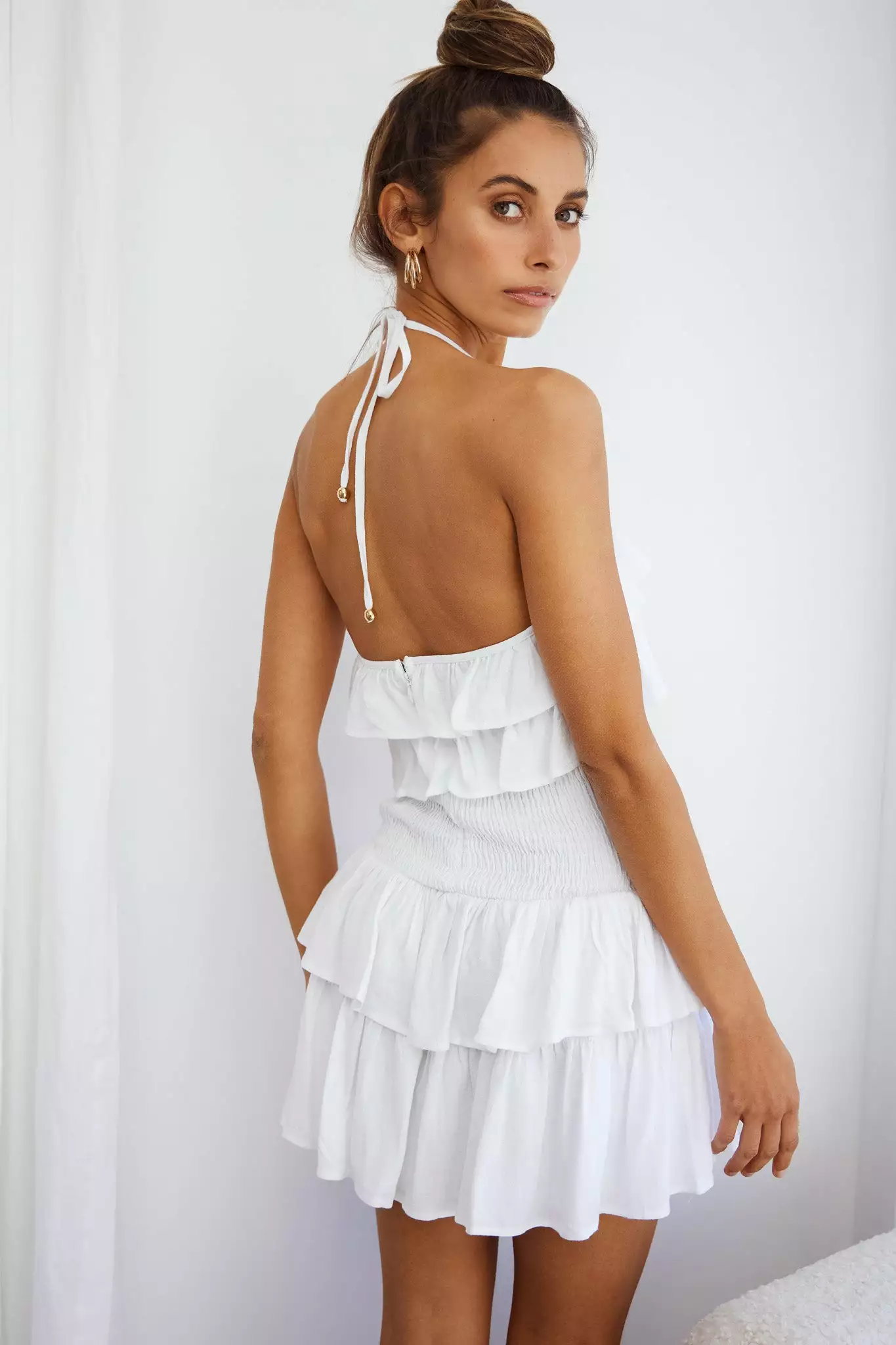 Kristy Halterneck Shirred Bodice Ruffle Mini Dress White - Image 6