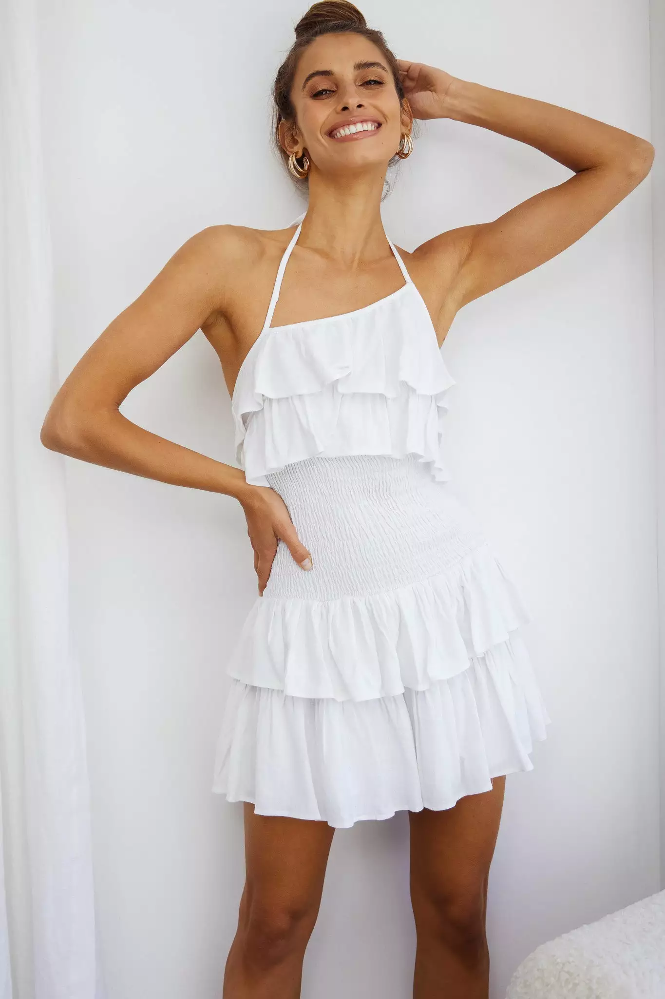 Kristy Halterneck Shirred Bodice Ruffle Mini Dress White - Image 7