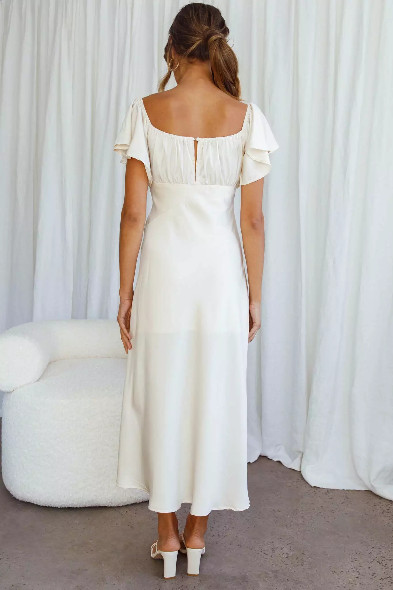 Selfie Leslie Park Avenue Flutter Sleeve Side Split Midi Dress Ivory - Image 6