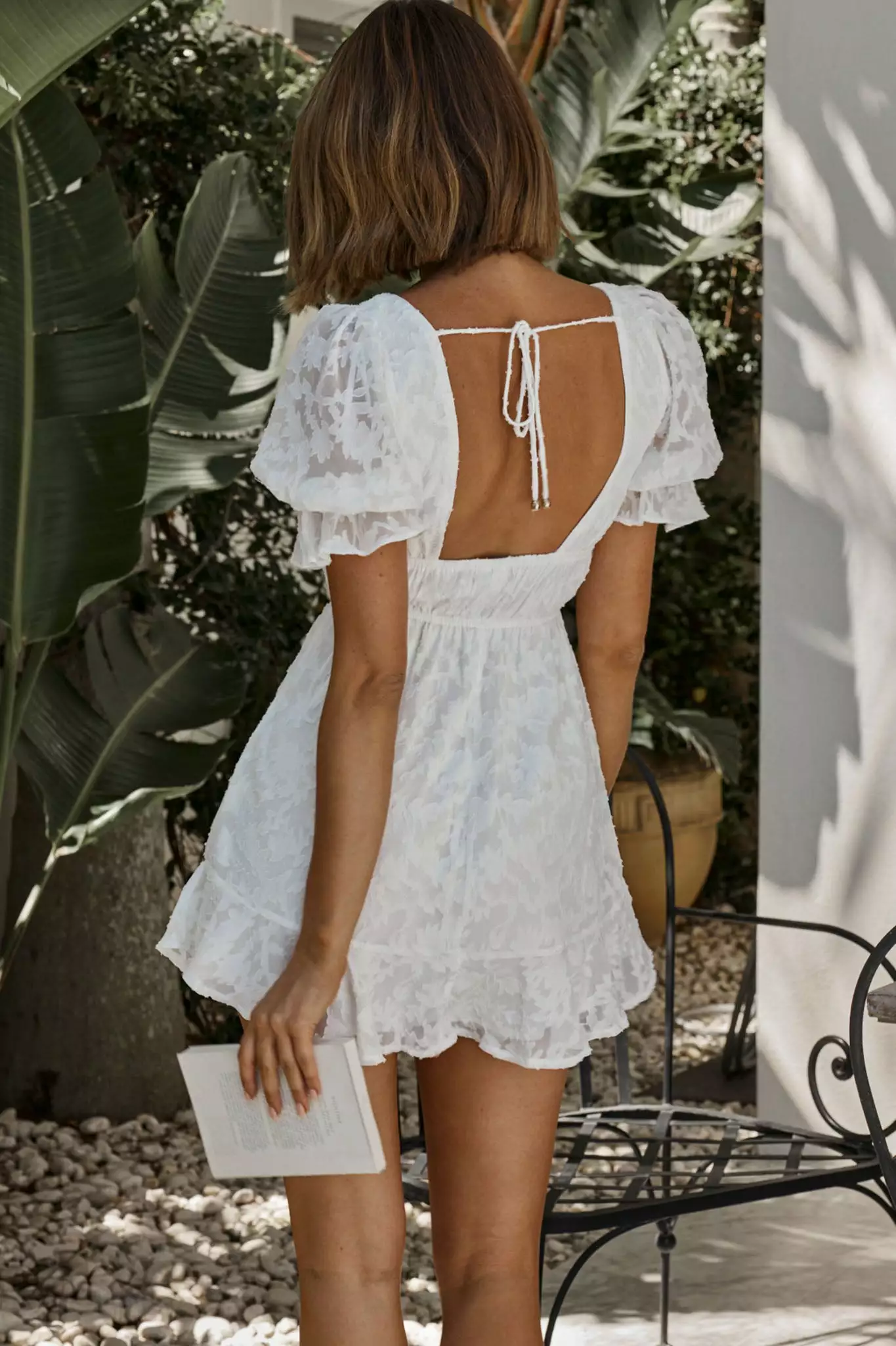 Selfie Leslie Lilibet Puff Sleeve Elasticated Waist Textured Dress White - Image 2