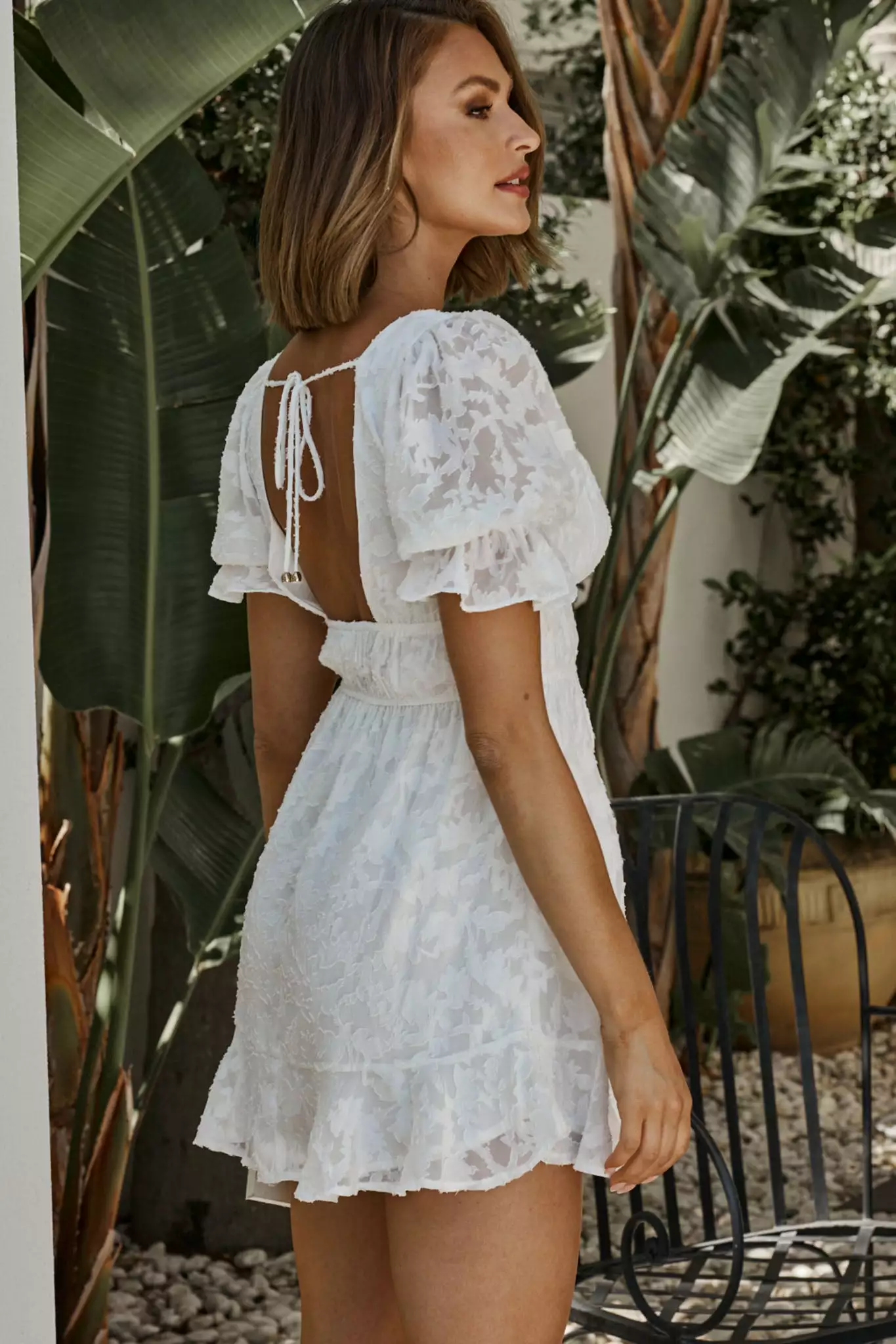 Selfie Leslie Lilibet Puff Sleeve Elasticated Waist Textured Dress White - Image 7