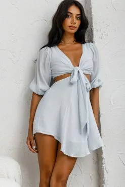 Selfie Leslie Sunshine Sweetie Cut-Out Waist Tie Feature Mini Dress Steel Blue