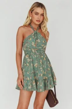 Mika&Gala Chase Me Halterneck Mini Dress Floral Sage