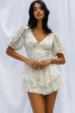 Selfie Leslie Sun Drops Puff Sleeve Keyhole Back Romper Floral Print Mint