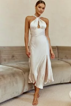 Selfie Leslie Te Amo Halterneck Open Back Midi Dress Champagne
