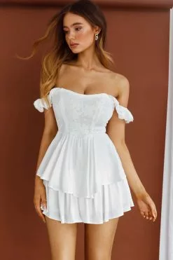 Selfie Leslie Italia Off-Shoulder Lace Bodice Romper White