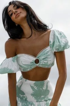 Selfie Leslie Escape With Me Tied Back Crop Top Printed Sage