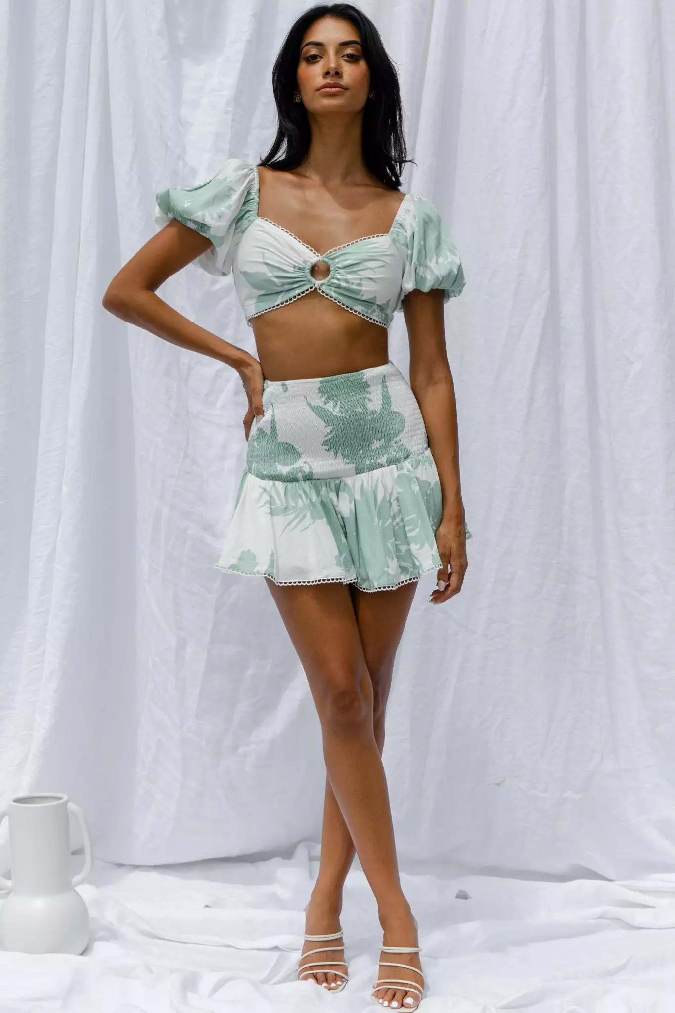 Selfie Leslie Escape With Me Tied Back Crop Top Printed Sage - Image 6