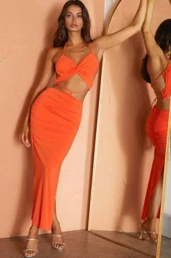 Selfie Leslie Sawyer Halterneck Strappy Back Ruched Midi Dress Tangerine