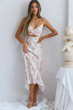 Selfie Leslie Jasper Cowl Neck Cut-Out Drawstring Back Midi Dress Zebra Print Beige