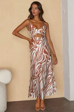 Selfie Leslie Jasper Cowl Neck Cut-Out Drawstring Back Midi Dress Zebra Print Cocoa