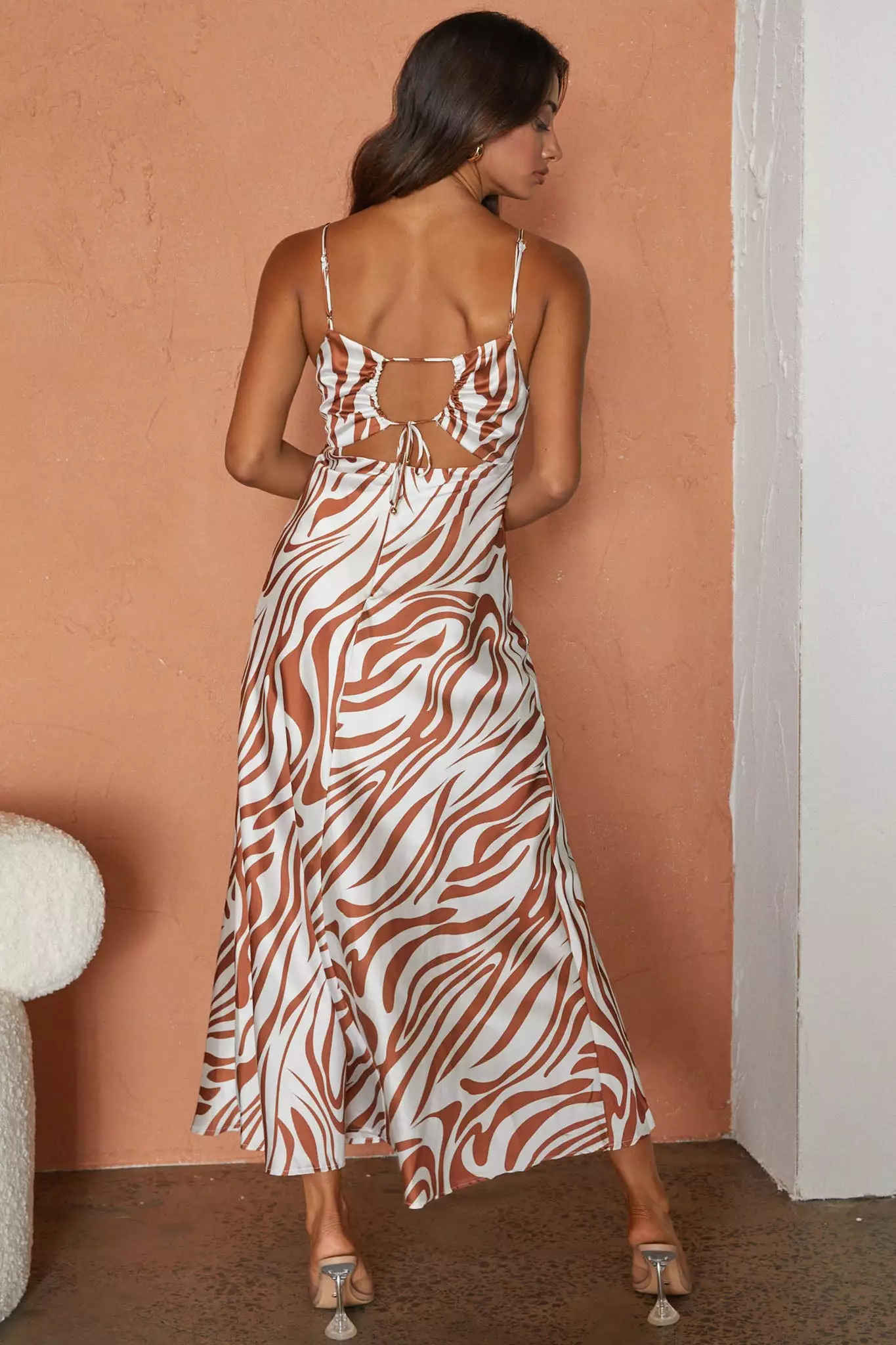 Selfie Leslie Jasper Cowl Neck Cut-Out Drawstring Back Midi Dress Zebra Print Cocoa - Image 2
