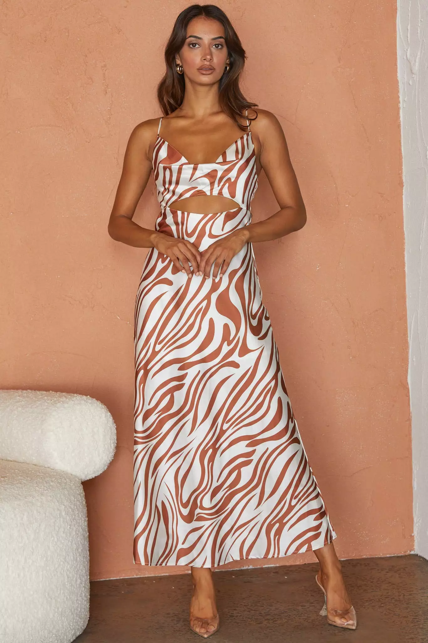 Selfie Leslie Jasper Cowl Neck Cut-Out Drawstring Back Midi Dress Zebra Print Cocoa - Image 7