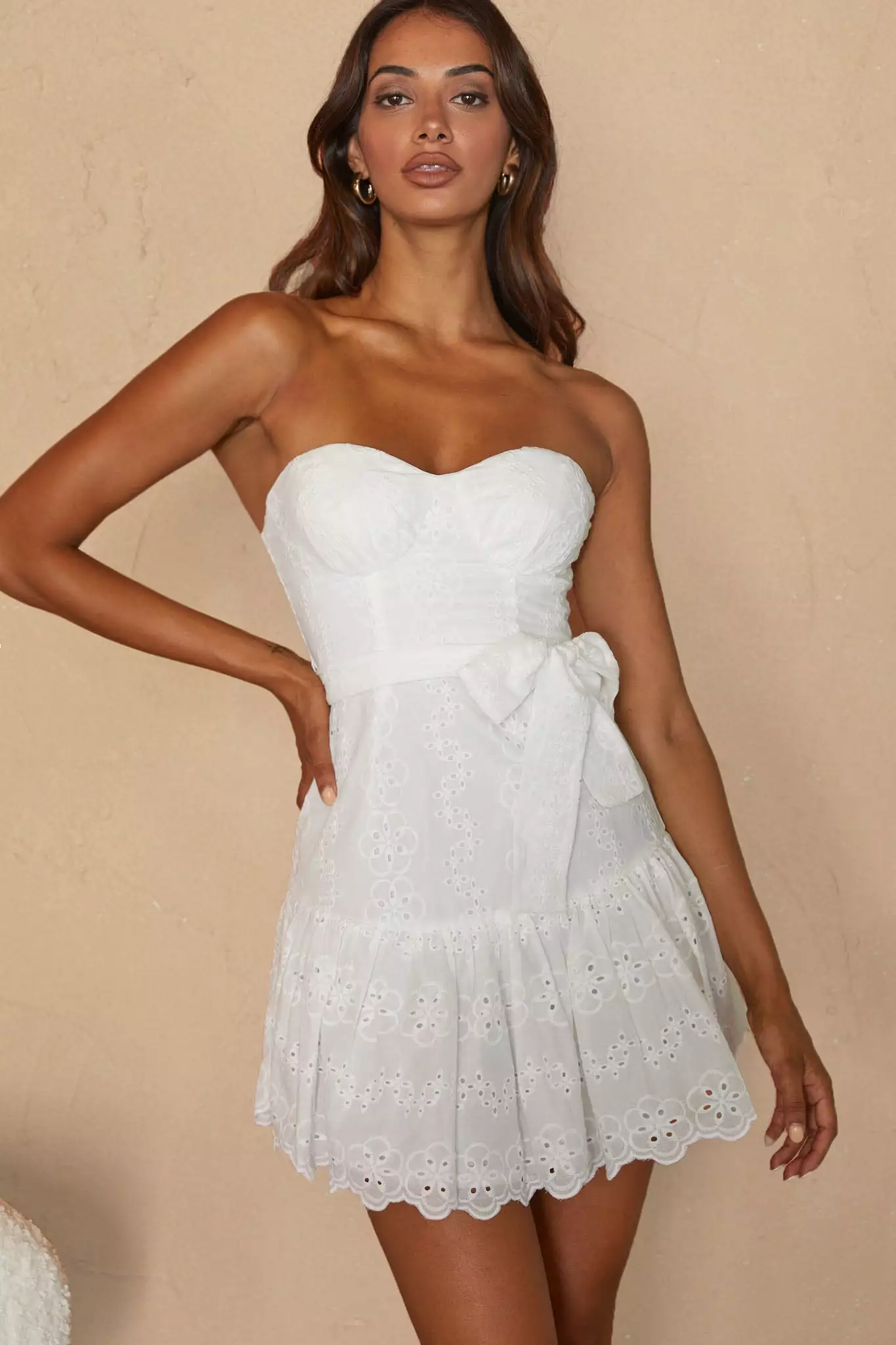 Selfie Leslie Celeene Sweetheart Neckline Flounce Hem Eyelet Mini Dress White