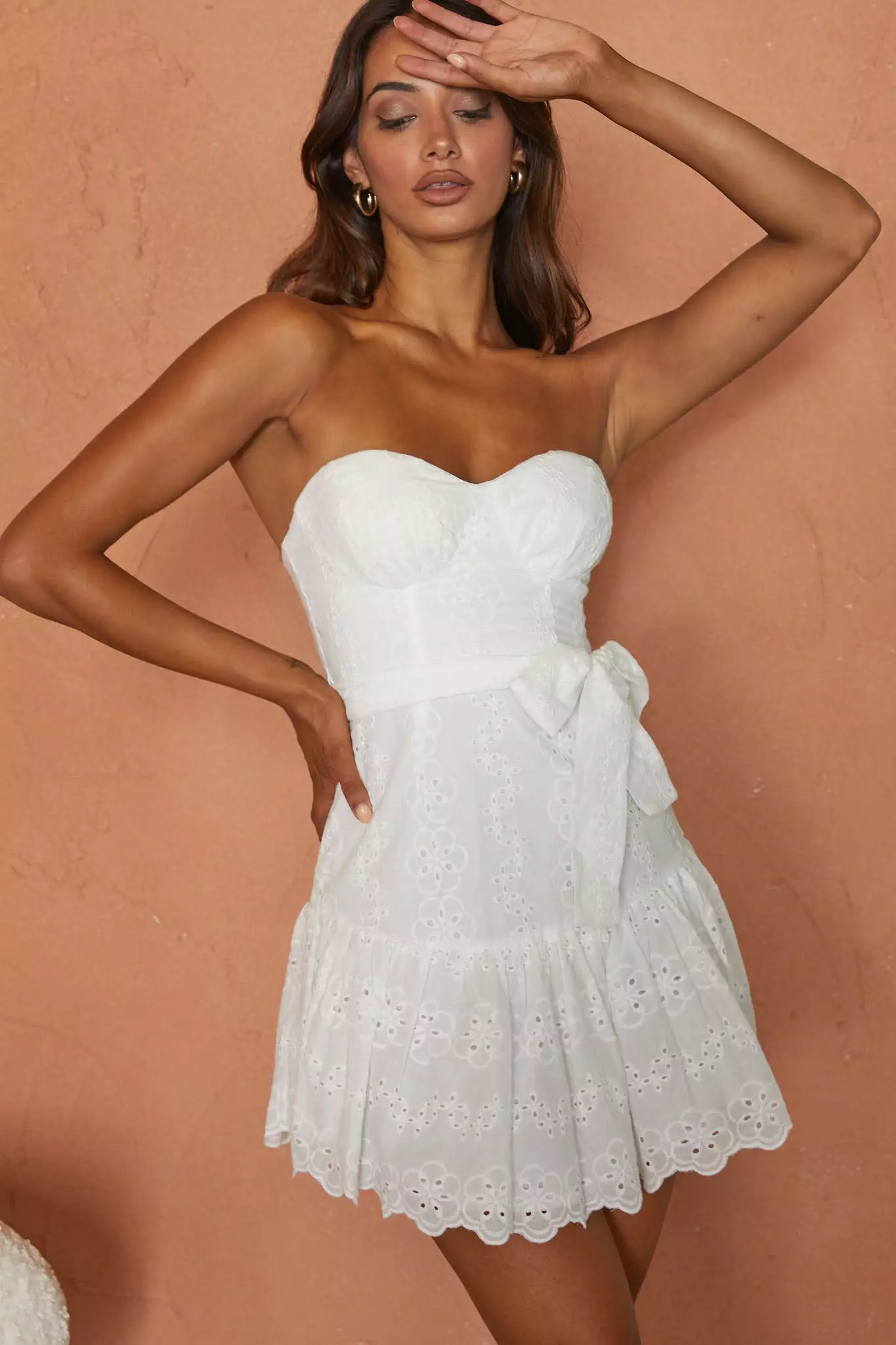 Selfie Leslie Celeene Sweetheart Neckline Flounce Hem Eyelet Mini Dress White - Image 5