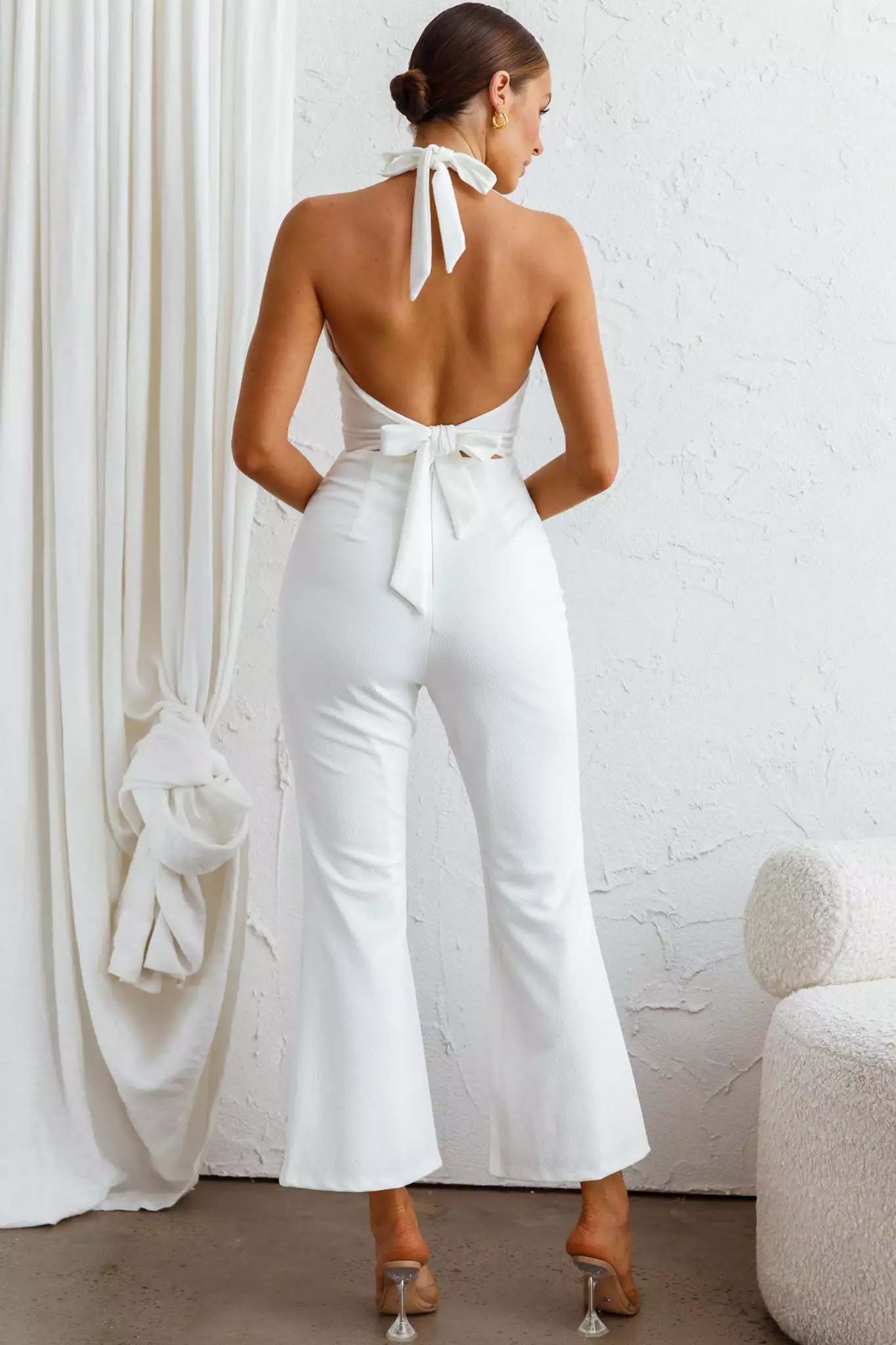 Selfie Leslie Azul Halterneck Flared Jumpsuit White - Image 2
