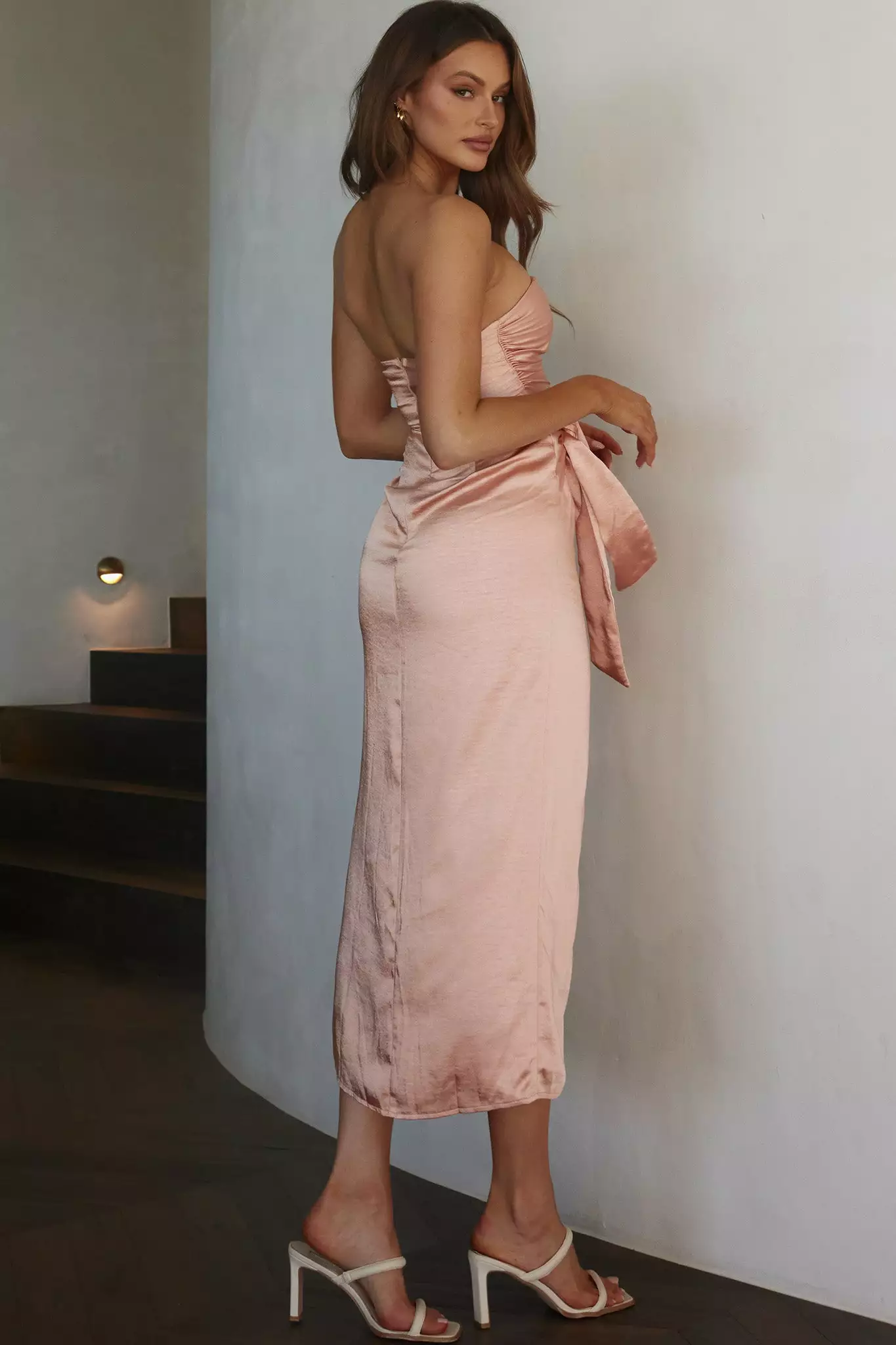 Selfie Leslie Gianna Strapless Waist Tie Midi Dress Peach - Image 9