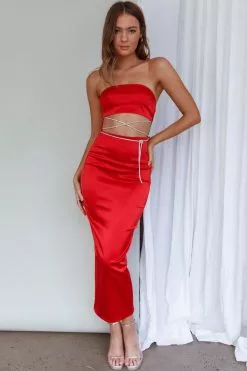 Saints + Secrets Nohemi Strapless Diamante Maxi Dress Red