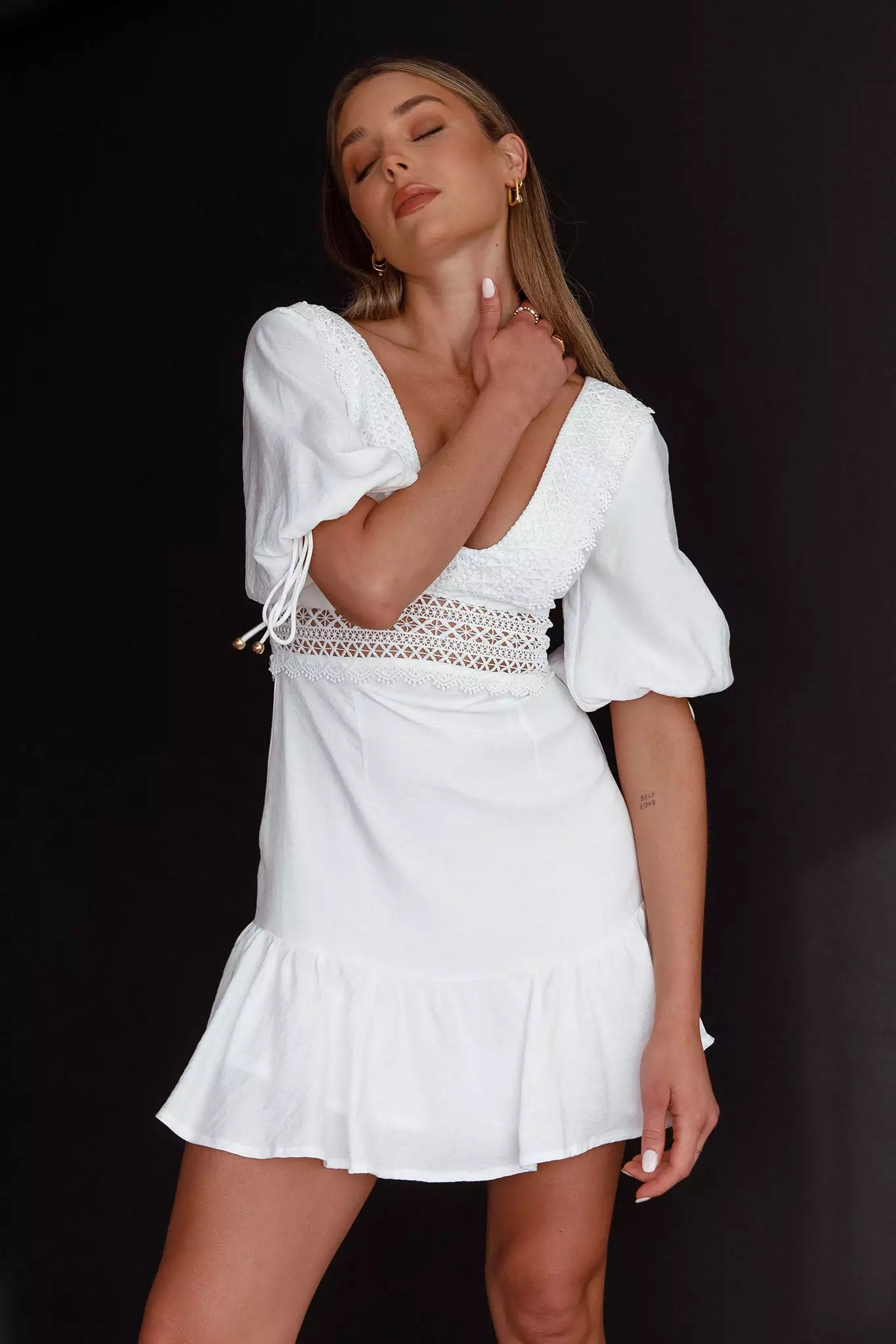 INDIKAH Vista Embroidery Trim Mini Dress White - Image 6