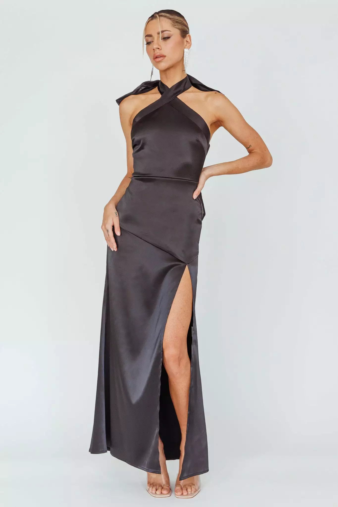 Here Comes The Sun Andria Halterneck Bow Satin Maxi Dress Black