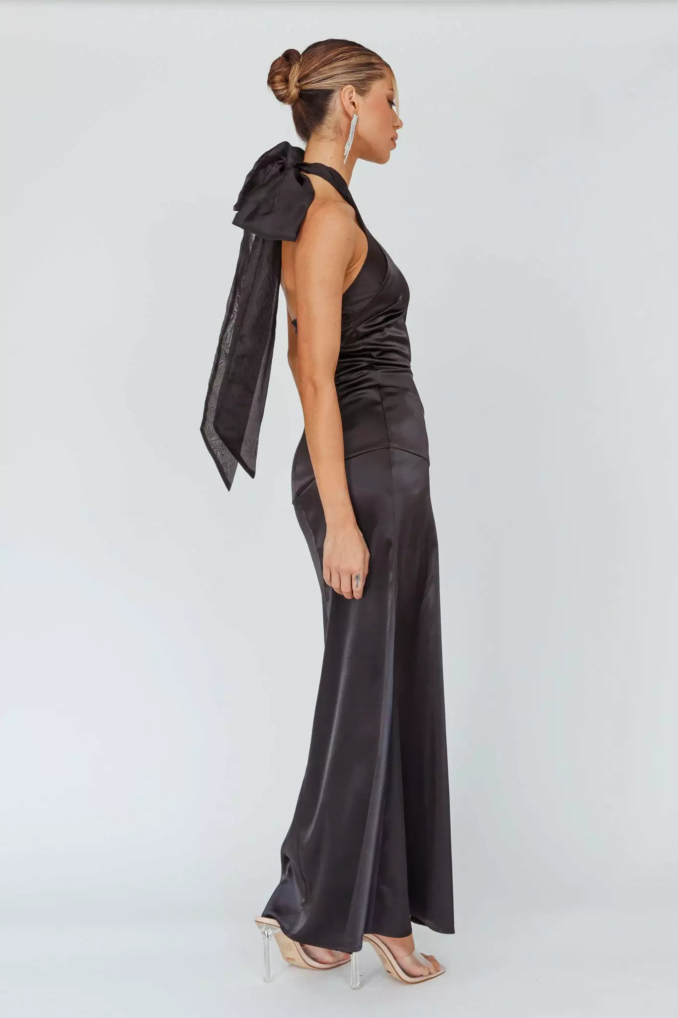 Here Comes The Sun Andria Halterneck Bow Satin Maxi Dress Black - Image 3