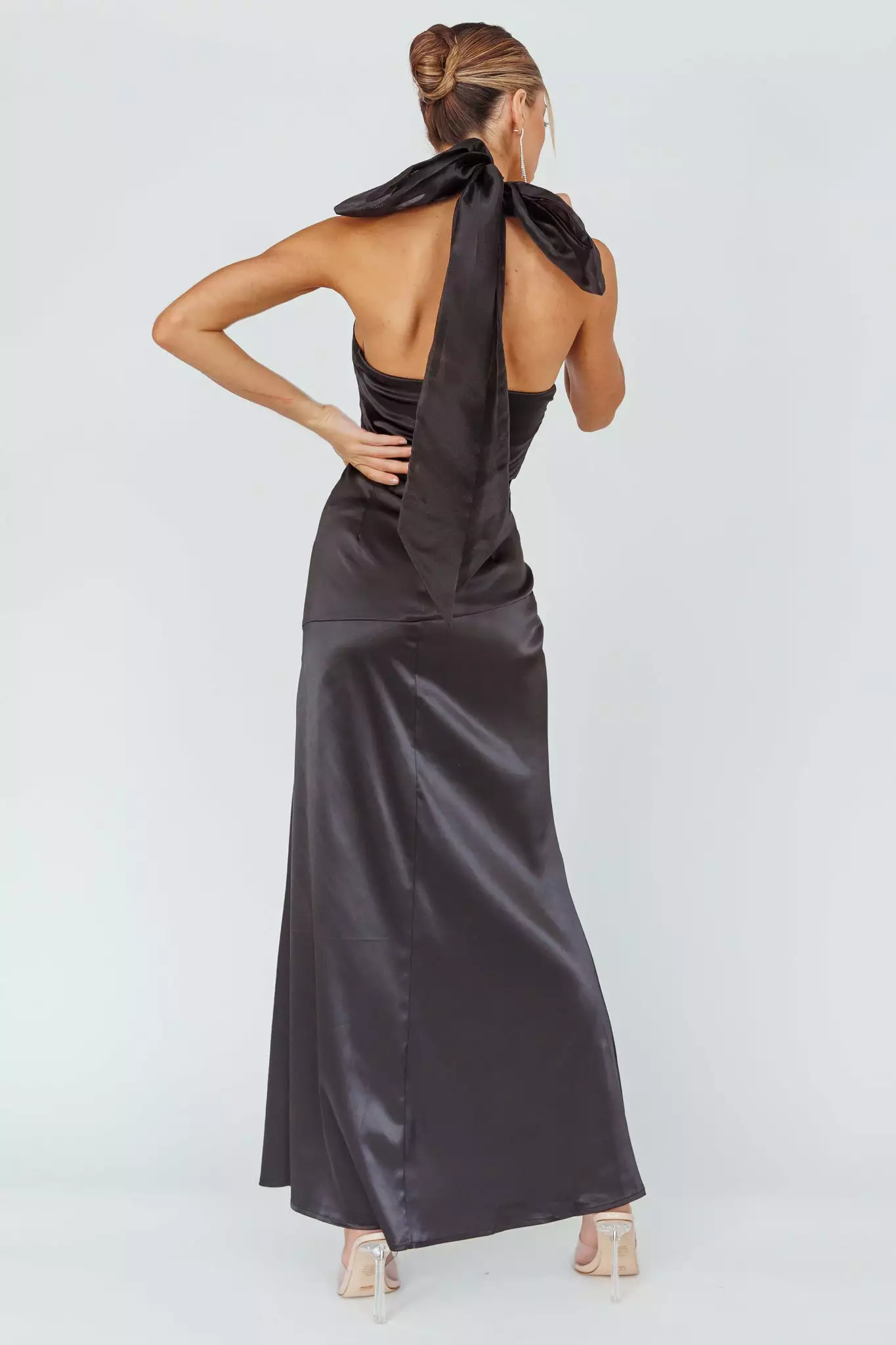 Here Comes The Sun Andria Halterneck Bow Satin Maxi Dress Black - Image 2