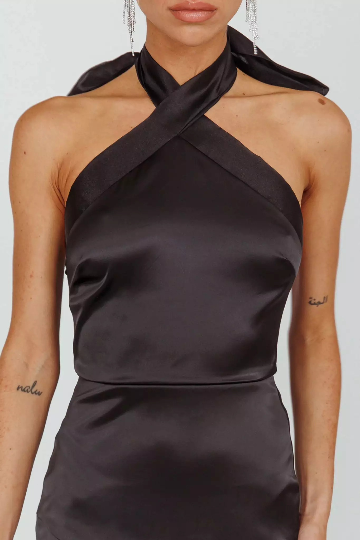 Here Comes The Sun Andria Halterneck Bow Satin Maxi Dress Black - Image 4