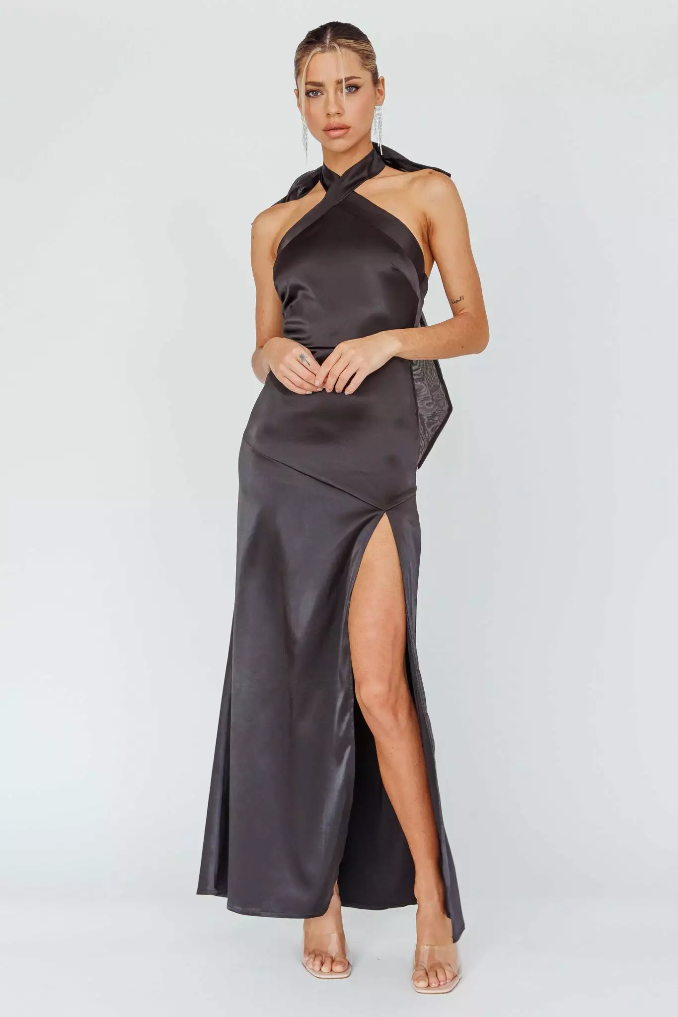 Here Comes The Sun Andria Halterneck Bow Satin Maxi Dress Black - Image 5