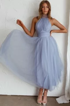 Here Comes The Sun Andria Halterneck Tulle Midi Dress Blue